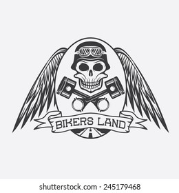bikers land crest with skull,wings and pistons
