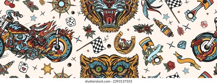 El estilo de vida de los ciclistas es un patrón sin fisuras. Cara de tigre y motocicleta de helicóptero en llamas. Antecedentes deportivos en moto de jinete. Racers. Estilo de tatuaje de la vieja escuela