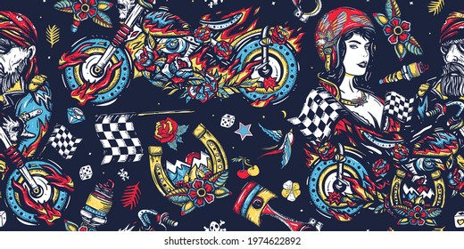 Bikers lifestyle seamless pattern. Old school tattoo style. Bearded biker man, burning chopper motorcycle, rider moto sport woman. Pin up girl, spark plug. Racers background 