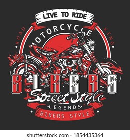 Bikers. Live to ride slogan. Burning motorcycle, rider sport print. Moto bike t-shirt design 