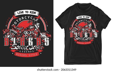 Bikers. Live to ride slogan. Template for posters, textiles, apparels. Burning motorcycle, rider sport art. Moto bike t-shirt design. Creative print for clothes 