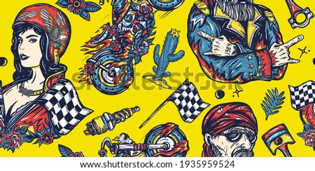 Bikers. Moto sport seamless pattern. Old school tattoo background. Lifestyle of racers. Bearded biker man, burning chopper motorcycle, race flag, rider woman. Pin up moto girl, spark plug 