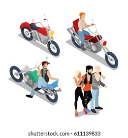 Bikers with Motobikes. Motorcycle Riders. Vector flat 3d isometric illustration