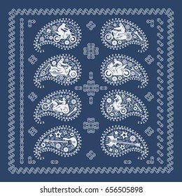 Bikers, motorcycle, chain, elements of the ornament on blue background, illustration, vector