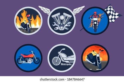 Bikers with motorcycles logo vector illustration set. Cartoon flat moto club round emblem sticker collection with different motorbikes, motorcyclist character standing next to bike in fire background