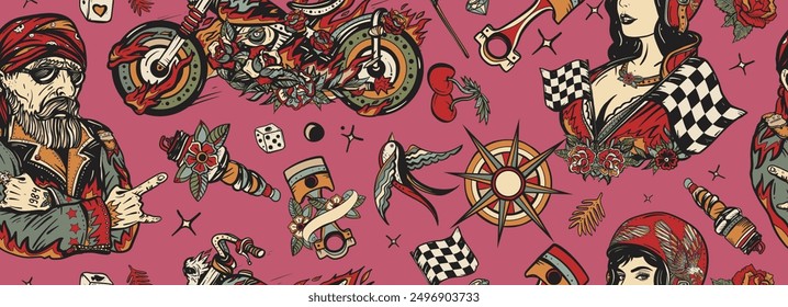 Biker.  Old School Tattoo Hintergrund. Lifestyle von Rennfahrern. Nahtloses Muster. Pin bis moto mädchen, bärtiger biker mann, brennende chopper motorrad, rennfahne, reiter sport frau