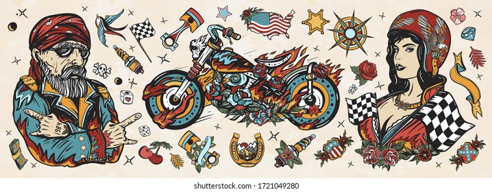 Bikers. Old school tattoo collection. Bearded biker man, burning motorcycle, rider sport woman. Pin up girl, spark plug, moto bike elements. Lifestyle of racers. Traditional tattooing style.