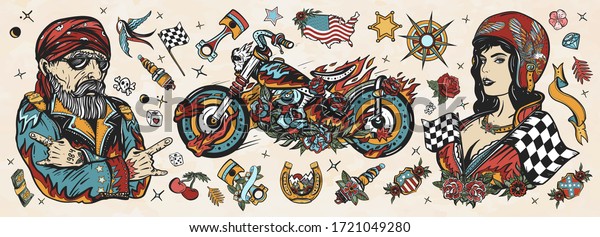 Bikers. Old school tattoo collection. Bearded\
biker man, burning motorcycle, rider sport woman. Pin up girl,\
spark plug, moto bike elements. Lifestyle of racers. Traditional\
tattooing style.