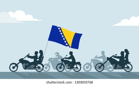 Bikers on motorcycles with Bosnia and herzegovina flag