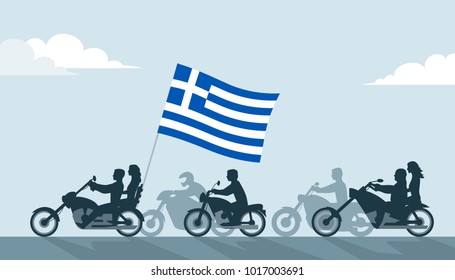 Bikers on motorcycles with greek flag