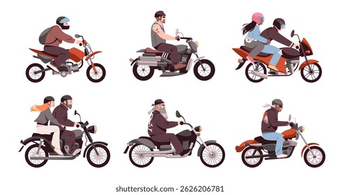 Bikers on motorcycles. Happy people riding motors, male and female drivers characters, rockers on motorbikes, city vehicles, classic vehicle for road racing cartoon flat tidy vector set
