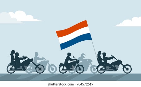 Bikers on motorcycles with netherlands flag