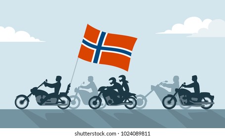 Bikers on motorcycles with norwegian flag