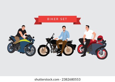 Bikers on motorcycles. Vector illustration in flat style. Motorcyclists on motorbike.