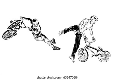 Bikers on white background. Extreme theme modern print. Vector design elements. Isolated on white
