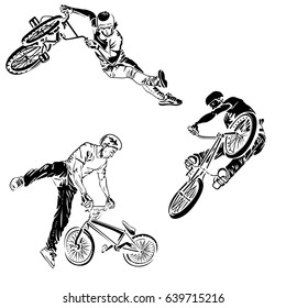Bikers on white background. Extreme theme modern print. Vector design elements. Isolated on white