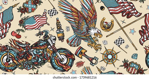 Bikers pattern. Bearded biker man and motorcycle. American patriotic eagle, moto sport flags, USA maps. Racing sport art, spark plugs, motor. Lifestyle of racers. Traditional tattooing background 