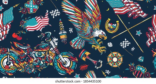 Bikers pattern. Racing sport art, spark plugs, compass. Lifestyle of racers. Traditional tattooing. American patriotic eagle, moto sport flags, USA maps and chopper motorcycle 