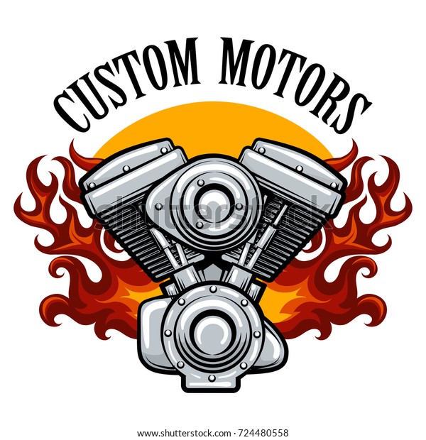 Bikers racing team,\
motorcycle club or motorcycle service badge with motor in flame.\
Vector illustration.