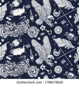 Bikers retro pattern. American patriotic eagle, moto sport flags, USA maps. Racing sport art, spark plugs, motor. Lifestyle of racers. Traditional tattooing background 