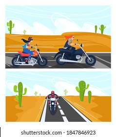 Bikers ride motorcycle vector illustration set. Cartoon flat motorcyclist people riding motorbikes, man woman characters drive motorcycles on asphalt road, desert landscape with cactuses background