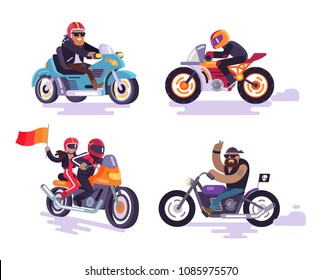 Bikers ride on modern motorbikes, collection of motorized bike racers men and woman isolated on white background, people on moped sportbikes vector