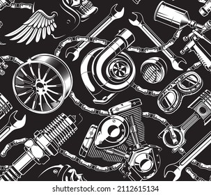 Biker's Seamless Background, Wallpapers For A Garage, Car Service, Or For An Auto Parts Store. 