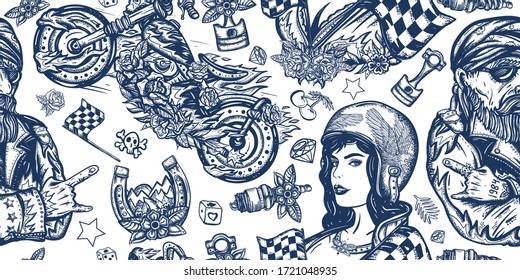 Bikers Seamless Pattern. Bearded Biker Man, Burning Chopper Motorcycle, Race Flag, Rider Sport Woman. Pin Up Girl, Spark Plug. Lifestyle Of Racers Background. Old School Tattoo Background 