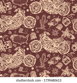 Bikers seamless pattern. Burning chopper motorcycle, cactus, road, compass. Rider sport art. Motor and spark plug. Lifestyle of racers background. Old school tattoo, vintage style. Moto sport art 