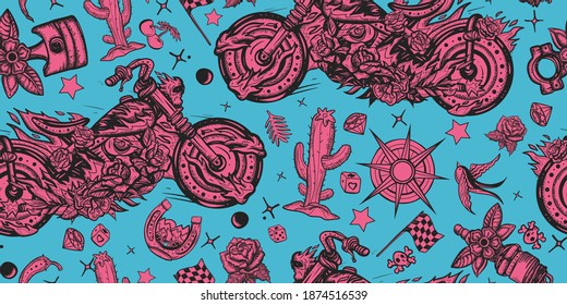 Bikers seamless pattern. Burning chopper motorcycle, cactus, road, compass. Lifestyle of racers background. Old school tattoo style. Rider sport background