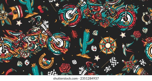 Bikers seamless pattern. Burning chopper motorcycle, cactus, road, compass. Lifestyle of racers background. Old school tattoo style. Rider sport art. Motor and spark plug