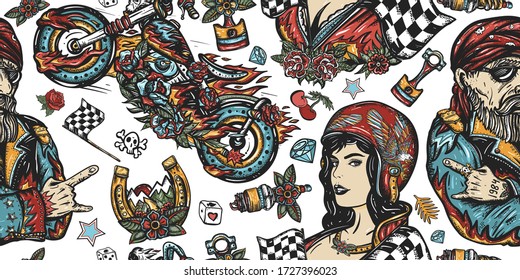 Bikers Seamless Pattern. Pin Up Girl, Spark Plug. Lifestyle Of Racers Background. Bearded Biker Man, Burning Chopper Motorcycle, Race Flag, Rider Sport Woman. Old School Tattoo Background 