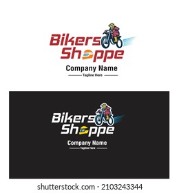 Bikers  Shop logo  for Bike Company, Repairing -Selling Shop with Bike man symbol  for all kinds of digital print, banner, poster, flyer, magazine, Id card, Business card 