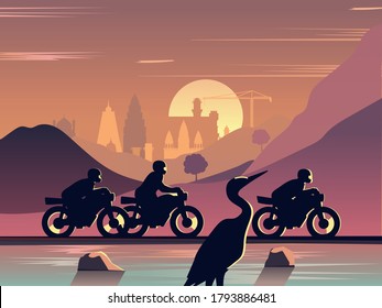 Сyclists bikers silhouettes against dawn sunset background