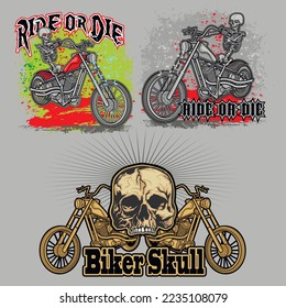 bikers, skeleton on motorcycle, grunge vintage t-shirt design