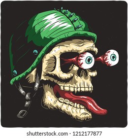 Biker's skull. Colorful illustration. Isolated on black backgrond.