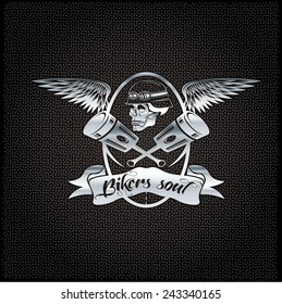bikers soul silver crest with skull,wings and pistons