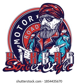 Bikers, street style slogan. Bearded biker man, rider sport elements. Lifestyle of racers t-shirt design 