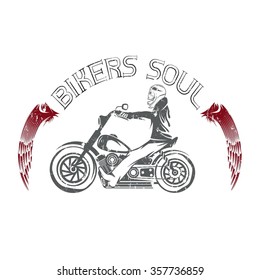 bikers theme grunge label with skeleton on motorbike