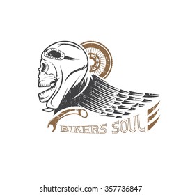 bikers theme grunge label with skull,wheel and wing