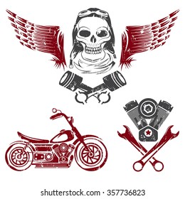 bikers theme grunge labels with motorbike,skull,engine and pistons