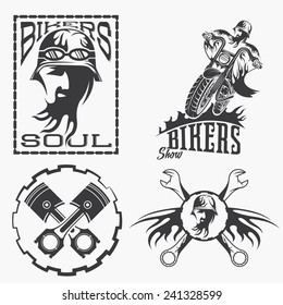 bikers theme labels with biker man,motorbike and repair tools