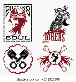 bikers theme labels with biker man,motorbike and repair tools