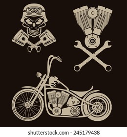bikers theme labels with motorbike,skull,engine and pistons