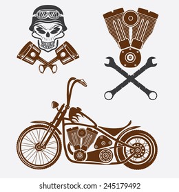 bikers theme labels with motorbike,skull,engine and pistons