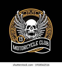 bikers winged skull piston motorcycle vector badge design