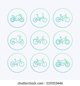 Bikes, bicycle, cycling, motorcycle, motorbike, scooter, electric bike line icons set