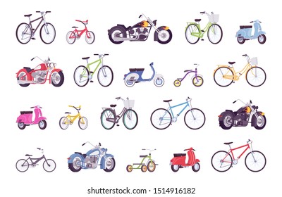 Bikes big bundle set. Bicycle, electric scooter, cruiser, sportbike, scooter, moped, motorbike vehicle collection, street or off-road. Vector flat style cartoon illustration isolated, white background