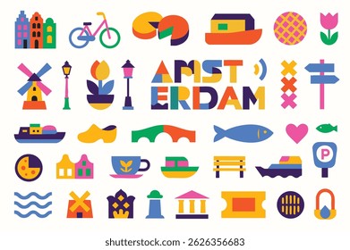 Bikes, canals and tulips in blocky candy hues—instant Dutch vibes for travel posters and souvenirs.