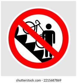 Bikes are forbidden. Bicycles are not allowed on the stairs. Prohibition sign. Escalator icon.
